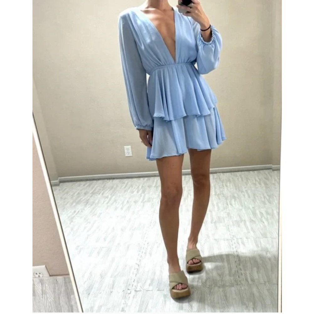 Lioness Dress Womens Large Blue Long‎ Sleeve Ruffle Mini Chiffon Deep V Neck